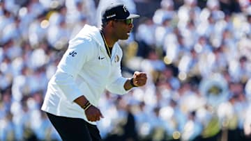 Sep 9, 2023; Boulder, Colorado, USA; Colorado Buffaloes head coach Deion Sanders reacts after a play