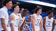 Nov 14, 2025; Chapel Hill, North Carolina, USA; North Carolina Tar Heels forward Caleb Wilson (8) and the Carolina bench celebrate in the second half against the North Carolina Central Eagles at Dean E. Smith Center. Mandatory Credit: Scott Kinser-Imagn Images