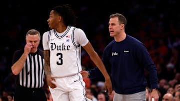 SentinelOne Classic: Illinois v Duke; Duke basketball head coach Jon Scheyer and wing Isaiah Evans