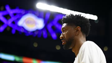 Nov 12, 2023; Los Angeles, California, USA; Los Angeles Lakers forward Christian Wood (35) looks on before a game against the Portland Trail Blazers at Crypto.com Arena. Mandatory Credit: Jessica Alcheh-Imagn Images