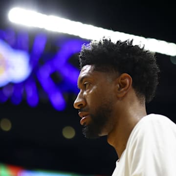 Nov 12, 2023; Los Angeles, California, USA; Los Angeles Lakers forward Christian Wood (35) looks on before a game against the Portland Trail Blazers at Crypto.com Arena. Mandatory Credit: Jessica Alcheh-Imagn Images