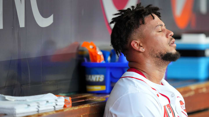 Cincinnati Reds pitcher Frankie Montas (47) rests in the dugout in the third inning of a baseball game between the Arizona Diamondbacks and Cincinnati Reds, Tuesday, May 7, 2024, at Great American Ball Park in Cincinnati.