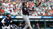 Sep 18, 2025; Detroit, Michigan, USA;  Cleveland Guardians third base Jose Ramirez (11) hits a two run home run in the seventh inning against the Detroit Tigers at Comerica Park. Mandatory Credit: Rick Osentoski-Imagn Images