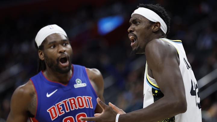 Jan 16, 2025; Detroit, Michigan, USA;  Detroit Pistons center Isaiah Stewart (28) and Indiana Pacers forward Pascal Siakam (43): Rick Osentoski-Imagn Images