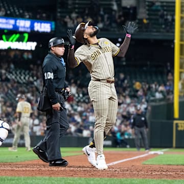 Sep 11, 2024; Seattle, Washington, USA;  San Diego Padres right fielder Fernando Tatis Jr. (23) celebrates after hitting a solo home run during the seventh inning against the Seattle Mariners at T-Mobile Park. 