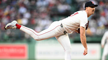 Boston Red Sox starting pitcher Walker Buehler (0) pitches against the Baltimore Orioles during the first inning at Fenway Park.