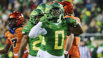 Nov 24, 2023; Eugene, Oregon, USA; Oregon Ducks defensive back Tysheem Johnson (0) celebrates after making a tackle on a kickoff return during the second half against the Oregon State Beavers at Autzen Stadium. Mandatory Credit: Troy Wayrynen-USA TODAY Sports