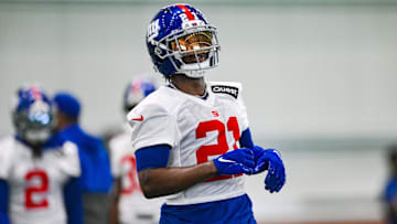 Jun 18, 2025; East Rutherford, NJ, USA; New York Giants cornerback Paulson Adebo (21) participates in a drill during minicamp at Quest Diagnostics Training Center. Mandatory Credit: John Jones-Imagn Images