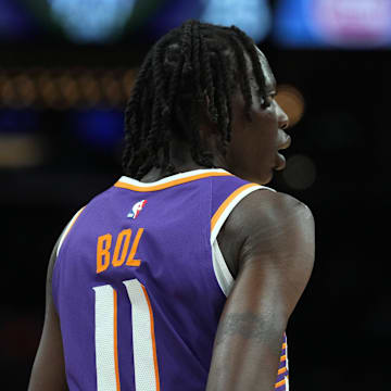 Feb 14, 2024; Phoenix, Arizona, USA; Phoenix Suns center Bol Bol (11) looks on against the Detroit Pistons at Footprint Center. Mandatory Credit: Joe Camporeale-Imagn Images