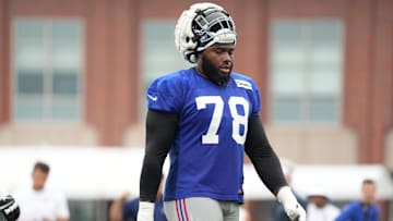 Jul 25, 2024; East Rutherford, NY, USA; New York Giants offensive tackle Andrew Thomas (78) takes a water break during training camp at Quest Diagnostics Training Center. Mandatory Credit: Lucas Boland-Imagn Images