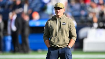 Nov 9, 2025; Seattle, Washington, USA; Seattle Seahawks head coach Mike Macdonald looks on before the game against the Arizona Cardinals  at Lumen Field. Mandatory Credit: Steven Bisig-Imagn Images