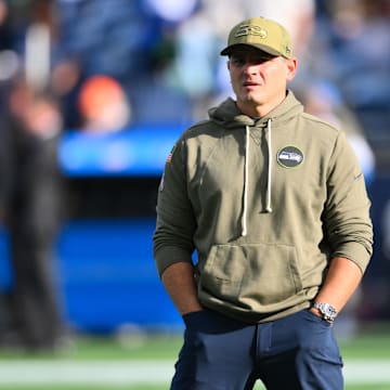 Nov 9, 2025; Seattle, Washington, USA; Seattle Seahawks head coach Mike Macdonald looks on before the game against the Arizona Cardinals  at Lumen Field. Mandatory Credit: Steven Bisig-Imagn Images