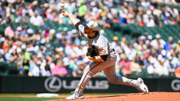 Jul 4, 2024; Seattle, Washington, USA; Baltimore Orioles starting pitcher Corbin Burnes (39) pitches to the Seattle Mariners during the first inning at T-Mobile Park. Mandatory Credit: Steven Bisig-USA TODAY Sports