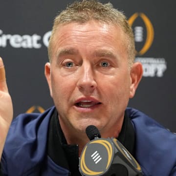 Jan 18, 2025; Atlanta, GA, USA; Kirk Herbstreit talks to the media during 2025 CFP National Championship Media Day at Georgia World Congress Center, Building A. Mandatory Credit: Kirby Lee-Imagn Images