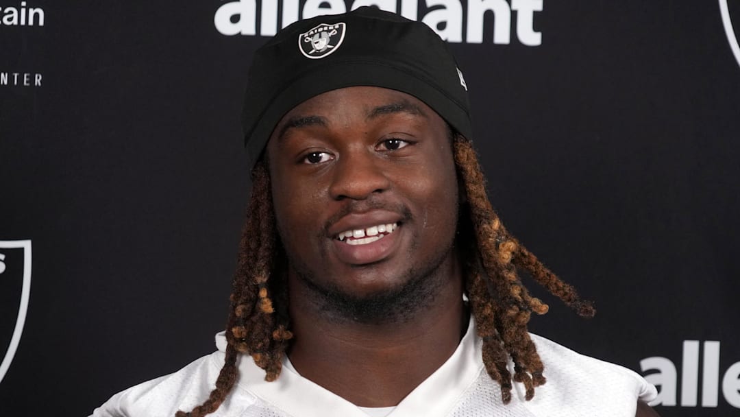 Las Vegas Raiders running back Ashton Jeanty during training camp press conference.