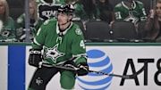 May 13, 2025; Dallas, Texas, USA; Dallas Stars defenseman Miro Heiskanen (4) skates against the Winnipeg Jets during the second period in game four of the second round of the 2025 Stanley Cup Playoffs at American Airlines Center. Mandatory Credit: Jerome Miron-Imagn Images