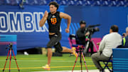 Mar 1, 2025; Indianapolis, IN, USA; Iowa State wideout Jayden Higgins (WO18) during the 2025 NFL Combine at Lucas Oil Stadium. Mandatory Credit: Kirby Lee-Imagn Images