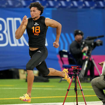 Mar 1, 2025; Indianapolis, IN, USA; Iowa State wideout Jayden Higgins (WO18) during the 2025 NFL Combine at Lucas Oil Stadium. Mandatory Credit: Kirby Lee-Imagn Images