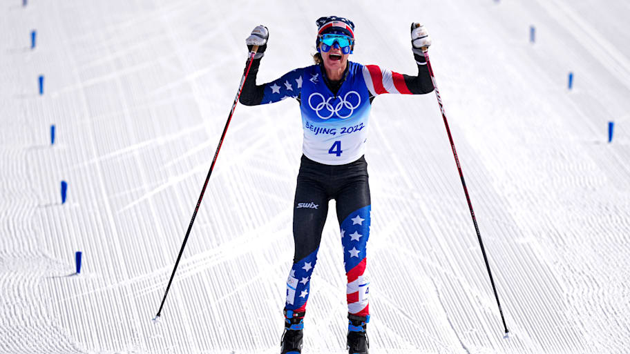 Jessie Diggins celebrates winning the silver medal in the women   s cross-country skiing
