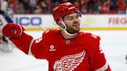 Nov 15, 2025; Detroit, Michigan, USA;  Detroit Red Wings right wing Alex Debrincat (93) celebrates after scoring against the Buffalo Sabres in the second period at Little Caesars Arena. Mandatory Credit: Rick Osentoski-Imagn Images