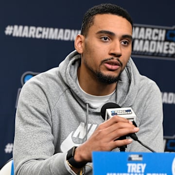 Purdue Boilermakers forward Trey Kaufman-Renn (4) takes questions from the media 