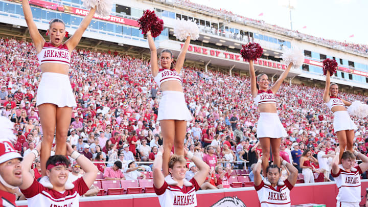 Sep 14, 2024; Fayetteville, Arkansas, USA; Arkansas Razorbacks cheerleaders during the second quarter against the UAB Blazers at Donald W. Reynolds Razorback Stadium. Mandatory Credit: Nelson Chenault-Imagn Images