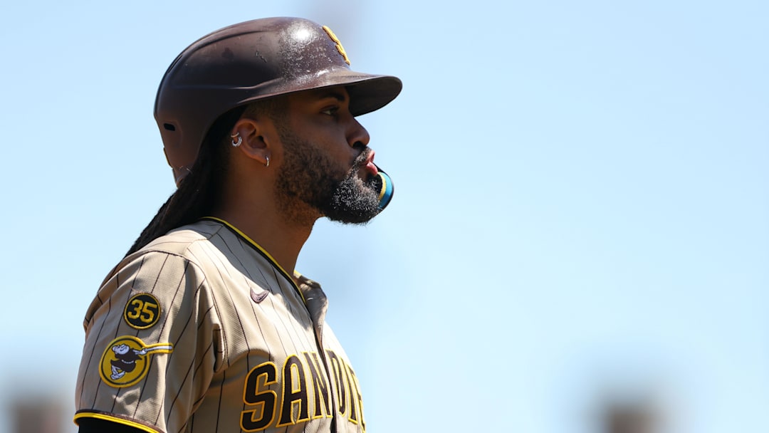 May 6, 2026; San Francisco, California, USA; San Diego Padres second baseman Fernando Tatis Jr. (23) looks on as he leads off third base during the seventh inning against the San Francisco Giants at Oracle Park. Mandatory Credit: Scott Marshall-Imagn Images