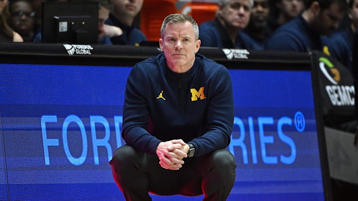 Feb 17, 2026; West Lafayette, Indiana, USA; Michigan Wolverines head coach Dusty May watches the game action during the first half against the Purdue Boilermakers at Mackey Arena. Mandatory Credit: Marc Lebryk-Imagn Images
