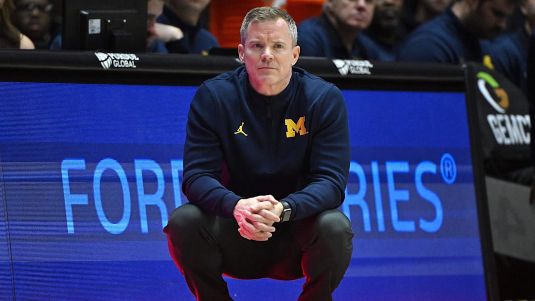Feb 17, 2026; West Lafayette, Indiana, USA; Michigan Wolverines head coach Dusty May watches the game action during the first half against the Purdue Boilermakers at Mackey Arena. Mandatory Credit: Marc Lebryk-Imagn Images