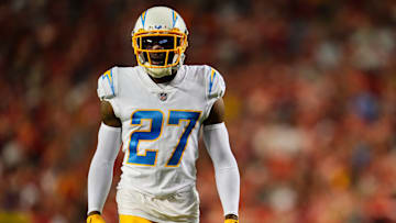 Cornerback J.C. Jackson during a 2022 NFL matchup the Los Angeles Chargers and Kansas City Chiefs