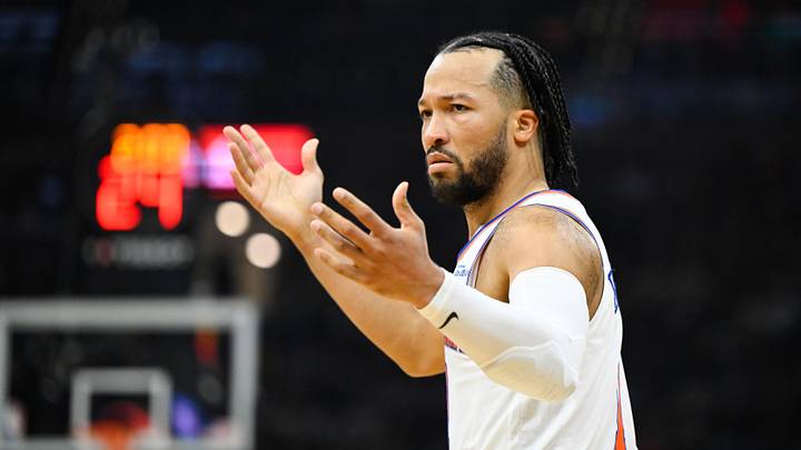 May 23, 2026; Cleveland, Ohio, USA; New York Knicks guard Jalen Brunson (11) reacts in the third quarter against the Cleveland Cavaliers during game three of the eastern conference finals for the 2026 NBA playoffs at Rocket Arena. Mandatory Credit: David Richard-Imagn Images