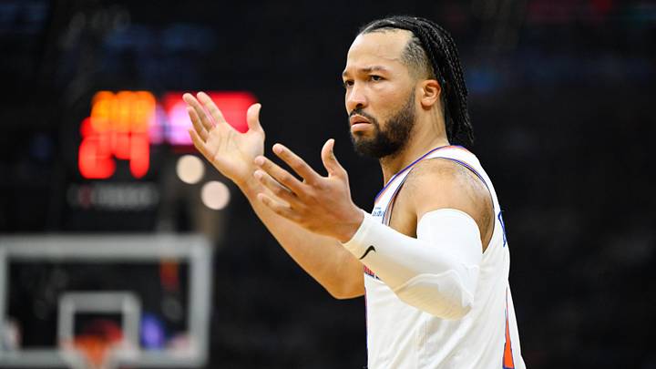May 23, 2026; Cleveland, Ohio, USA; New York Knicks guard Jalen Brunson (11) reacts in the third quarter against the Cleveland Cavaliers during game three of the eastern conference finals for the 2026 NBA playoffs at Rocket Arena. Mandatory Credit: David Richard-Imagn Images