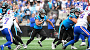 Oct 26, 2025; Charlotte, North Carolina, USA;  Carolina Panthers running back Chuba Hubbard (30) runs in the second quarter against the Buffalo Bills at Bank of America Stadium. Mandatory Credit: Bob Donnan-Imagn Images