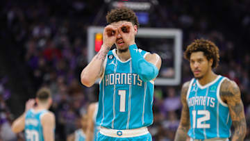 Dec 19, 2022; Sacramento, California, USA; Charlotte Hornets guard LaMelo Ball (1) celebrates during the fourth quarter against the Sacramento Kings at Golden 1 Center. 