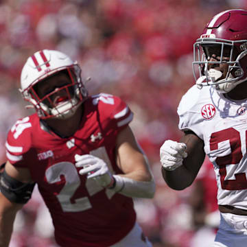 Sep 14, 2024; Madison, Wisconsin, USA;  Alabama Crimson Tide running back Jam Miller (26) rushes for a touchdown during the third quarter against the Wisconsin Badgers at Camp Randall Stadium. Mandatory Credit: Jeff Hanisch-Imagn Images