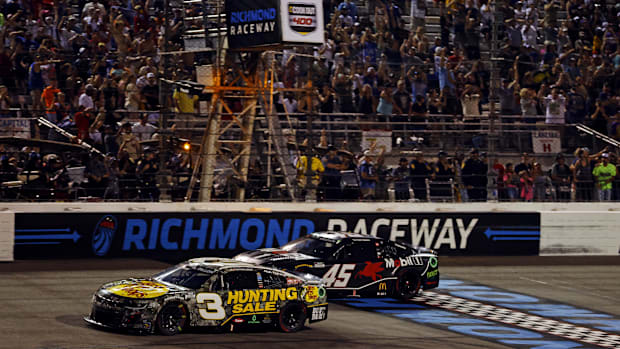 Austin Dillion (3) crosses the start/finish line to win the Cook Out 400 at Richmond Raceway.