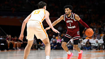 South Carolina basketball guard Jacobi Wright lines up in an isolation against J.P. Estrella.