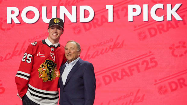 Mason West is selected as the 29th overall pick to the Chicago Blackhawks in the first round of the 2025 NHL Draft at Peacock