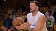 Apr 19, 2025; Los Angeles, California, USA;  Los Angeles Lakers guard Luka Doncic (77) warms up prior to the game against the Minnesota Timberwolves at Crypto.com Arena. Mandatory Credit: Jayne Kamin-Oncea-Imagn Images