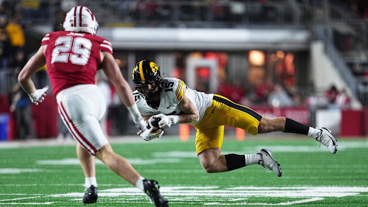 Oct 11, 2025; Madison, Wisconsin, USA; Iowa Hawkeyes wide receiver Reece Vander Zee (15) catches a pass in the second half against the Wisconsin Badgers at Camp Randall Stadium. Mandatory Credit: Ross Harried-Imagn Images