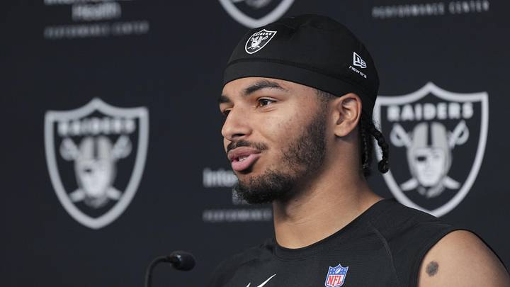 Las Vegas Raiders safety Treydan Stukes speaks during a news conference.