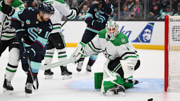 Mar 31, 2025; Seattle, Washington, USA; Dallas Stars goaltender Casey DeSmith (1) defends the goal during the second period against the Seattle Kraken at Climate Pledge Arena. Mandatory Credit: Steven Bisig-Imagn Images