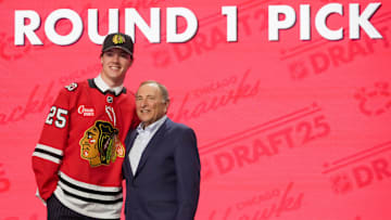 Jun 27, 2025; Los Angeles, California, USA; Mason West is selected as the 29th overall pick to the Chicago Blackhawks in the first round of the 2025 NHL Draft at Peacock Theater. Mandatory Credit: Kirby Lee-Imagn Images