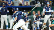 Jun 7, 2024; Kansas City, Missouri, USA; Kansas City Royals shortstop Bobby Witt Jr. (7) hits a triple during the ninth inning against the Seattle Mariners at Kauffman Stadium. Mandatory Credit: Jay Biggerstaff-USA TODAY Sports