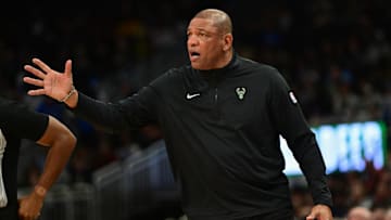 Mar 5, 2025; Milwaukee, Wisconsin, USA;  Milwaukee Bucks head coach Doc Rivers reacts in the second quarter against the Dallas Mavericks at Fiserv Forum. Mandatory Credit: Benny Sieu-Imagn Images