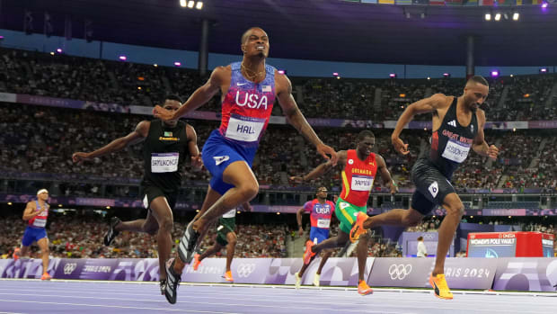 Aug 7, 2024; Paris Saint-Denis, France; USA’s Quincy Hall wins the men’s 400m final at the 2024 Paris Olympics.