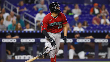 Aug 19, 2024; Miami, Florida, USA; Arizona Diamondbacks catcher Adrian Del Castillo (25) watches after hitting a grand slam against the Miami Marlins during the third inning at loanDepot Park. Mandatory Credit: Sam Navarro-Imagn Images