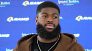 Jun 3, 2025; Woodland Hills, CA, USA; Los Angeles Rams linebacker Jared Verse at a press conference during organized team activities at Rams Practice Facility. Mandatory Credit: Kirby Lee-Imagn Images