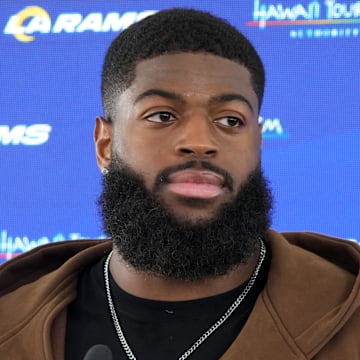 Jun 3, 2025; Woodland Hills, CA, USA; Los Angeles Rams linebacker Jared Verse at a press conference during organized team activities at Rams Practice Facility. Mandatory Credit: Kirby Lee-Imagn Images