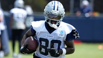 Jul 22, 2025; Oxnard, CA, USA; Dallas Cowboys receiver Parris Campbell (80) carries the ball during training camp at the River Ridge Fields. Mandatory Credit: Kirby Lee-Imagn Images